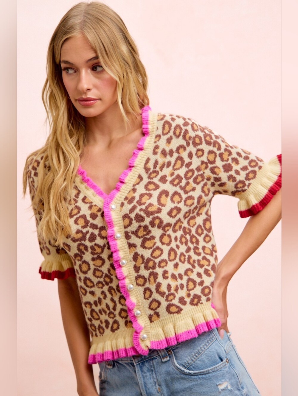 BiBi Leopard Patterned Ruffled Detail Button Cardigan- Fast Shipping!! - Picture 8 of 12